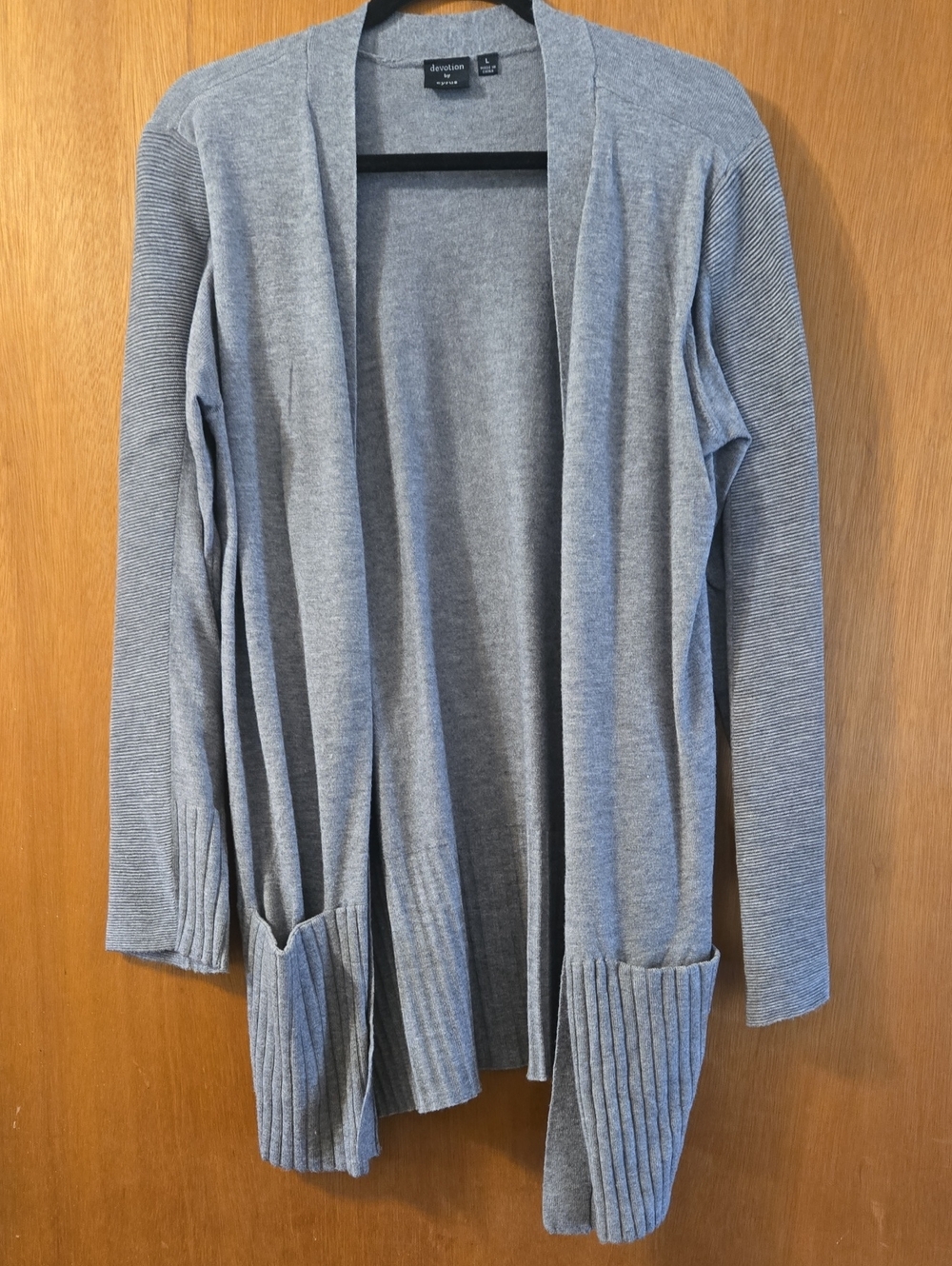 Gray Open-Front Ribbed Pocket Cardigan